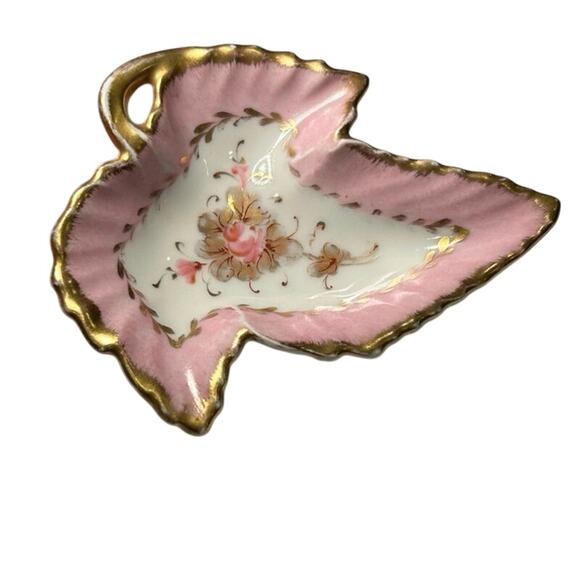 Antique Limoges France Trinket Ring Dish Pink Gold Leaf Peint Main EG 4.25" - Picture 1 of 9